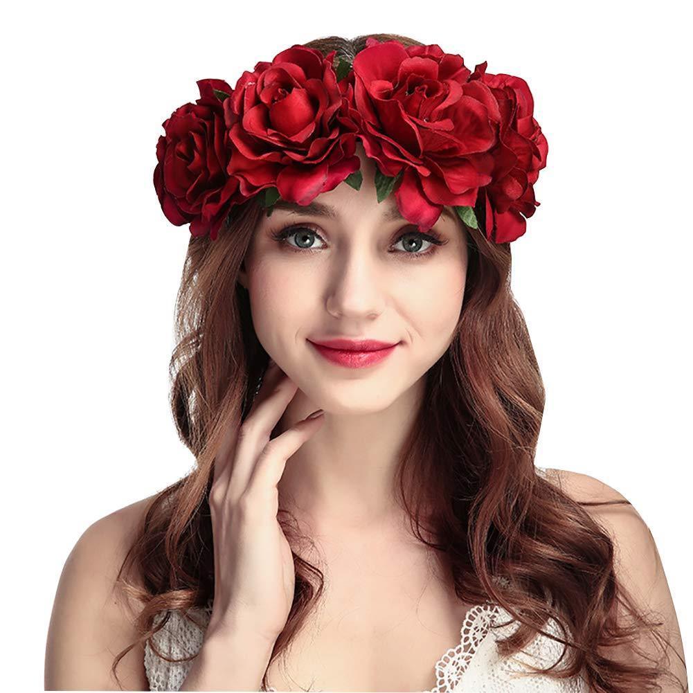 [Australia] - Rose Flower Crown Garland Hair Wreath Wedding Floral Headband Boho Headpiece Headdress Halloween Bride Costume Accessory Fancy Dress for Gothic Party Christmas Masquerade Hen Party Day of The Dead Red 