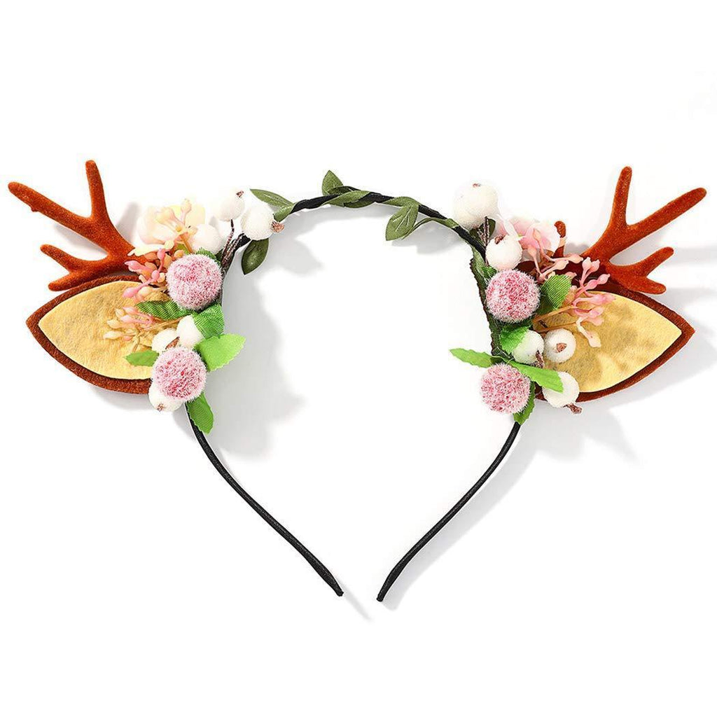 [Australia] - Unicra Christmas Headband Flower Antlers Headband Elk Deer Animal Horns Headwear Hair Piece Halloween Hair Accessories for Women and Girls 