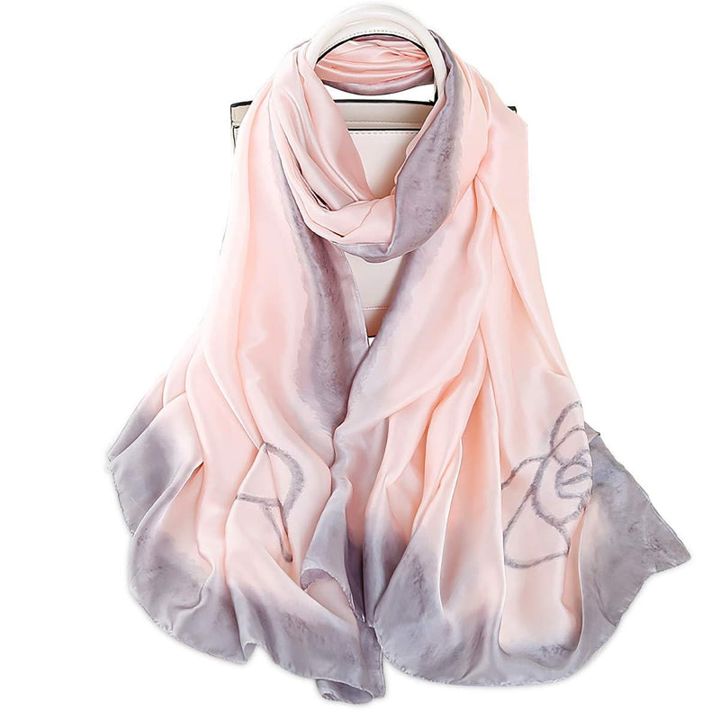 [Australia] - LumiSyne Women's Silk Scarves Artistic Ink And Wash Painting Elegant Floral Printed Long Shawl Soft Wrap Sunscreen Shawl All Season Ink Painting Flower/Pink 