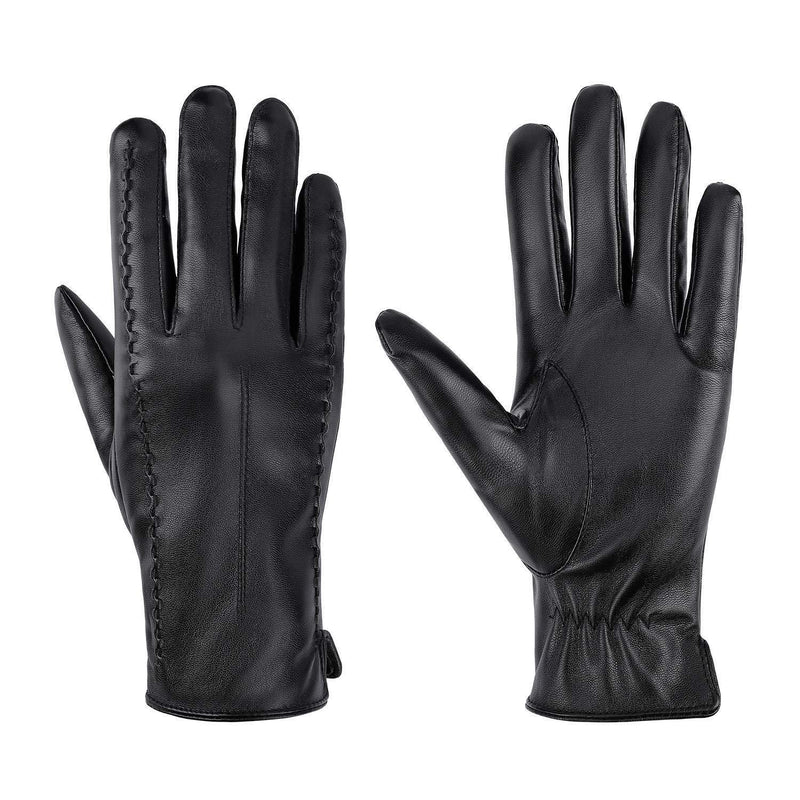 [Australia] - Womens Leather Gloves Warm Cashmere Lining Thick Windproof Outdoor Full Touchscreen Hand Mittens for Driving Bicycling Black 