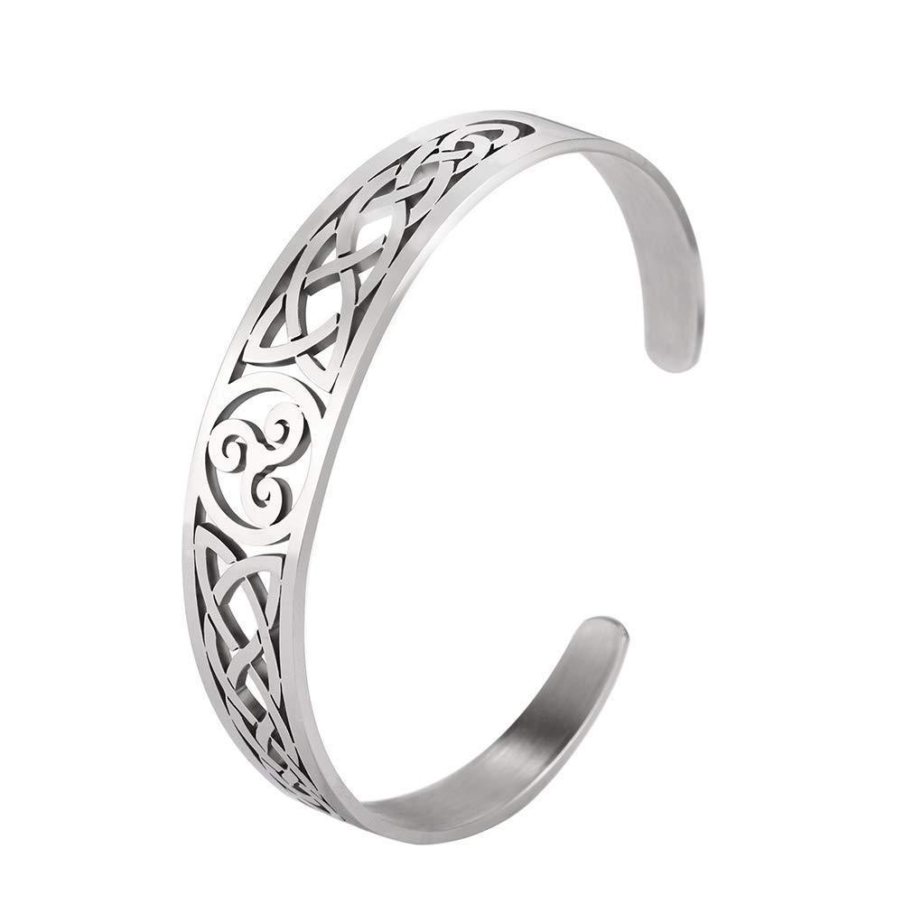 [Australia] - TEAMER Celtic Knot Bracelet Stainless Steel Silver Cuff Bangle Hollow Out Vintage Symbol Norse Amulet Jewelry for Women Men Triskele 