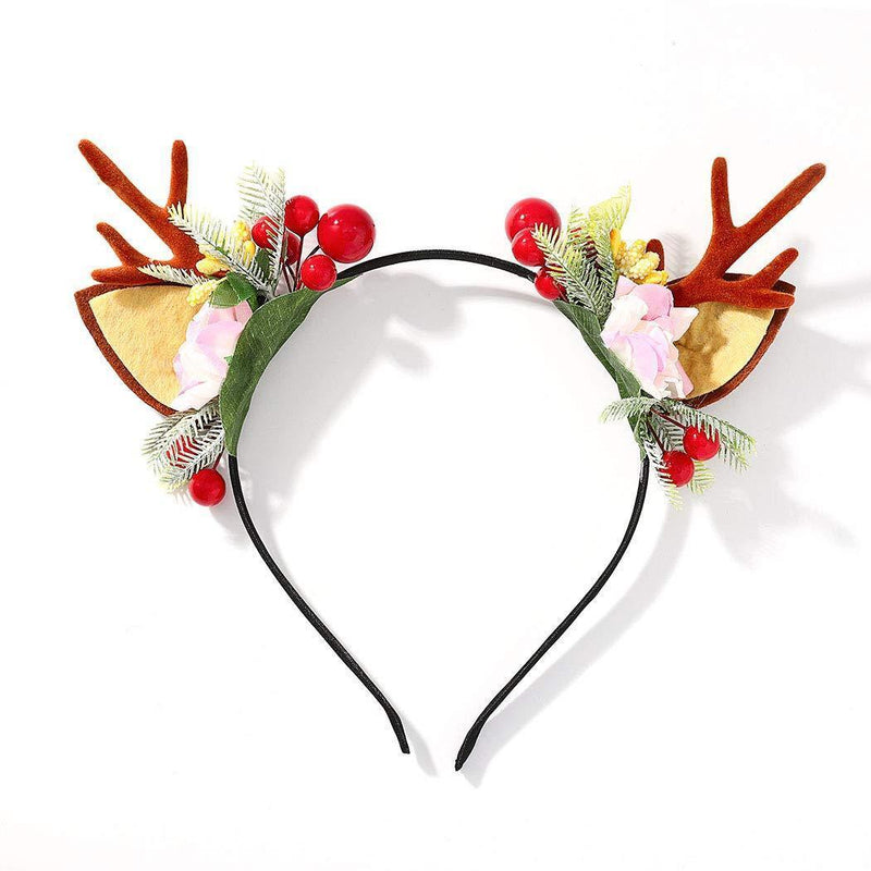 [Australia] - Unicra Flower Antlers Headband Elk Deer Animal Horns Headwear Hair Clips Halloween Christmas Hair Accessories for Women and Girls 