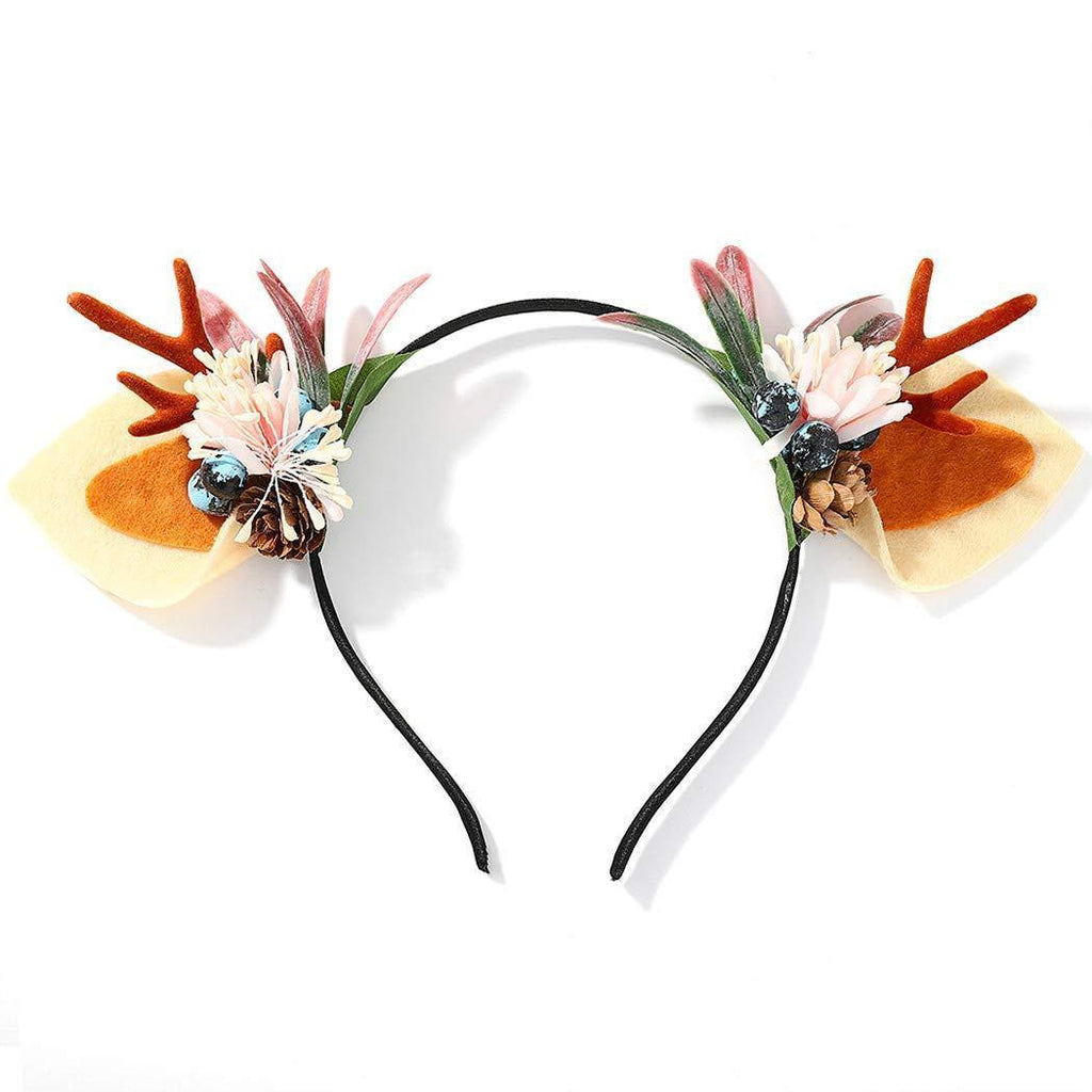 [Australia] - Unicra Flower Antlers Headband Elk Deer Animal Horns Headwear Hair Clips Halloween Christmas Hair Accessories for Women and Girls 