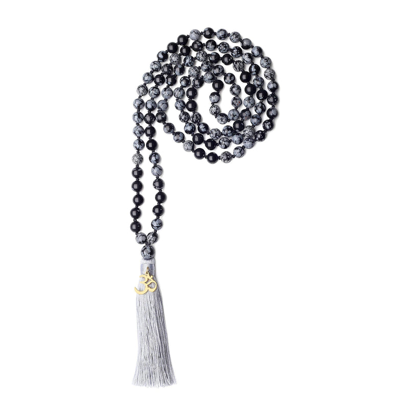 [Australia] - coai Hand Knotted Tassel 108 Beads Stone Mala Necklace Snowflake Obsidian 