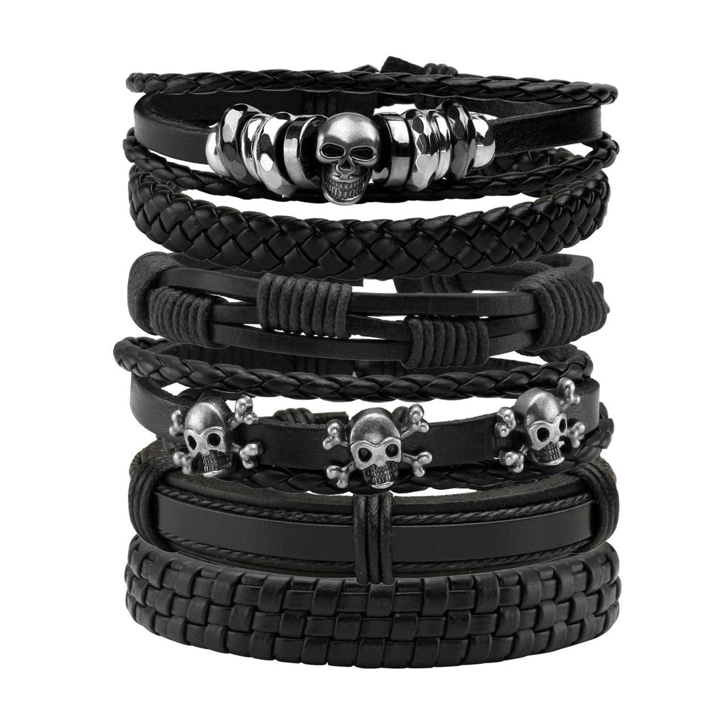 [Australia] - Manfnee 6-12Pcs Leather Braided Bracelet Punk Cuff Wrap Wristband Bracelets for Men Women Adjustable D:6pcs 