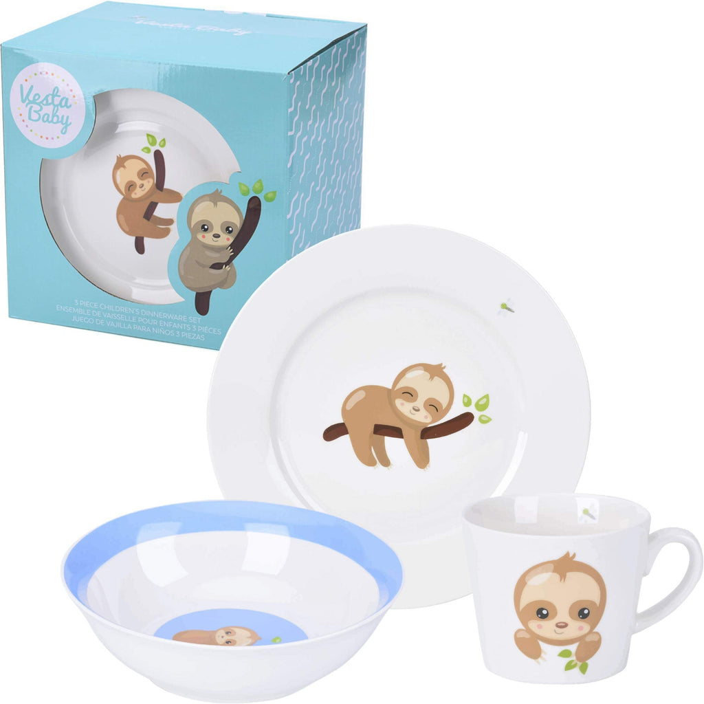 [Australia] - 3 Piece Childrens Dinnerware Set - Durable Vegan New Bone China Kids First Ceramic Tableware - Sloth Plate, Mug and Bowl Gift for Boys, Girls, Keepsake 
