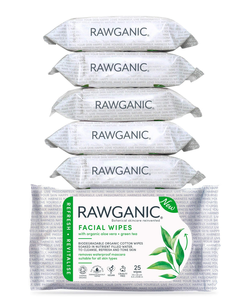 [Australia] - RAWGANIC Refreshing Facial Wipes | Gentle Soothing, Alcohol-free, Fragrance-free, Biodegradable Organic Cotton Wipes | with Aloe Vera and Green Tea | 6 Packs (150 wipes in total) 6 Packs (150 wipes in total) 