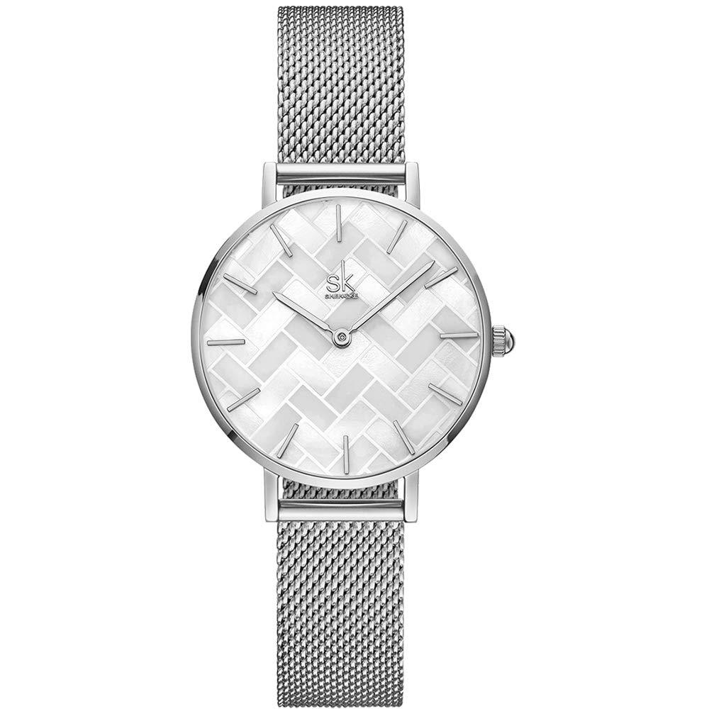 [Australia] - SHENGKE Creative Starry Sky Women Watch with Stainless Steel Mesh Band Genuine Leather Elegant Floral Women Watches (Shell Dial-Mesh Band-Silver) 