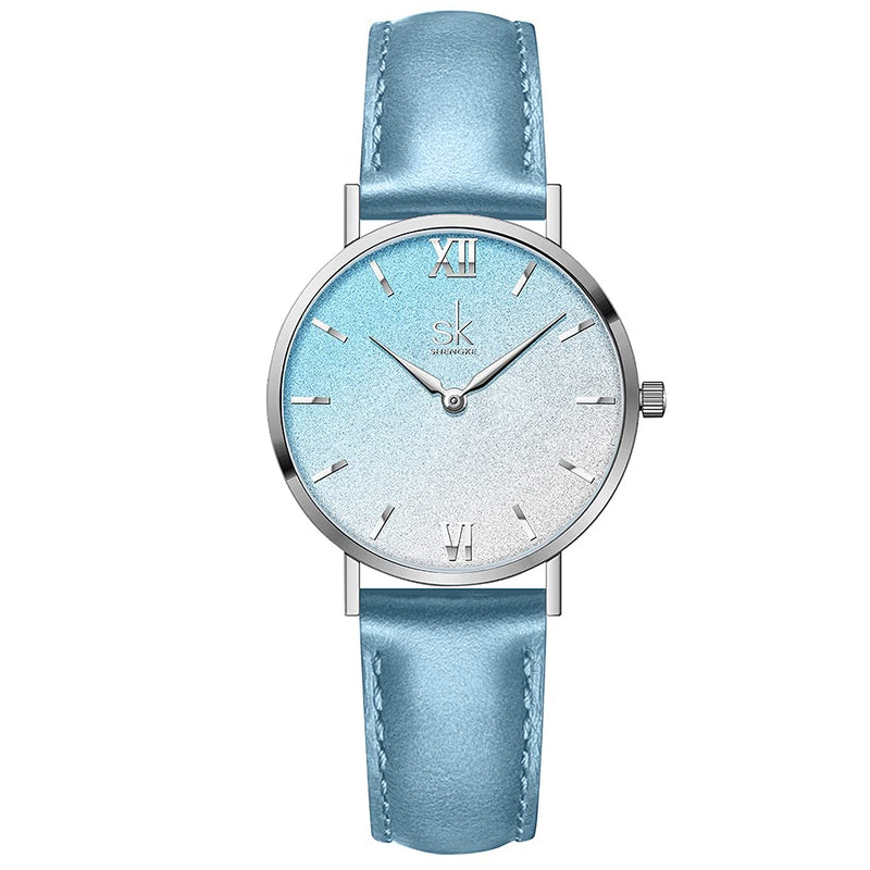 [Australia] - SHENGKE Creative Starry Sky Women Watch with Stainless Steel Mesh Band Genuine Leather Elegant Floral Women Watches (Shell Dial-Genuine Leather-Brown) 