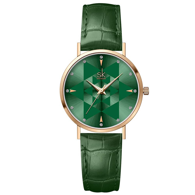[Australia] - SHENGKE Creative Starry Sky Women Watch with Stainless Steel Mesh Band Genuine Leather Elegant Floral Women Watches (Shell Dial-Genuine Leather-Black) 