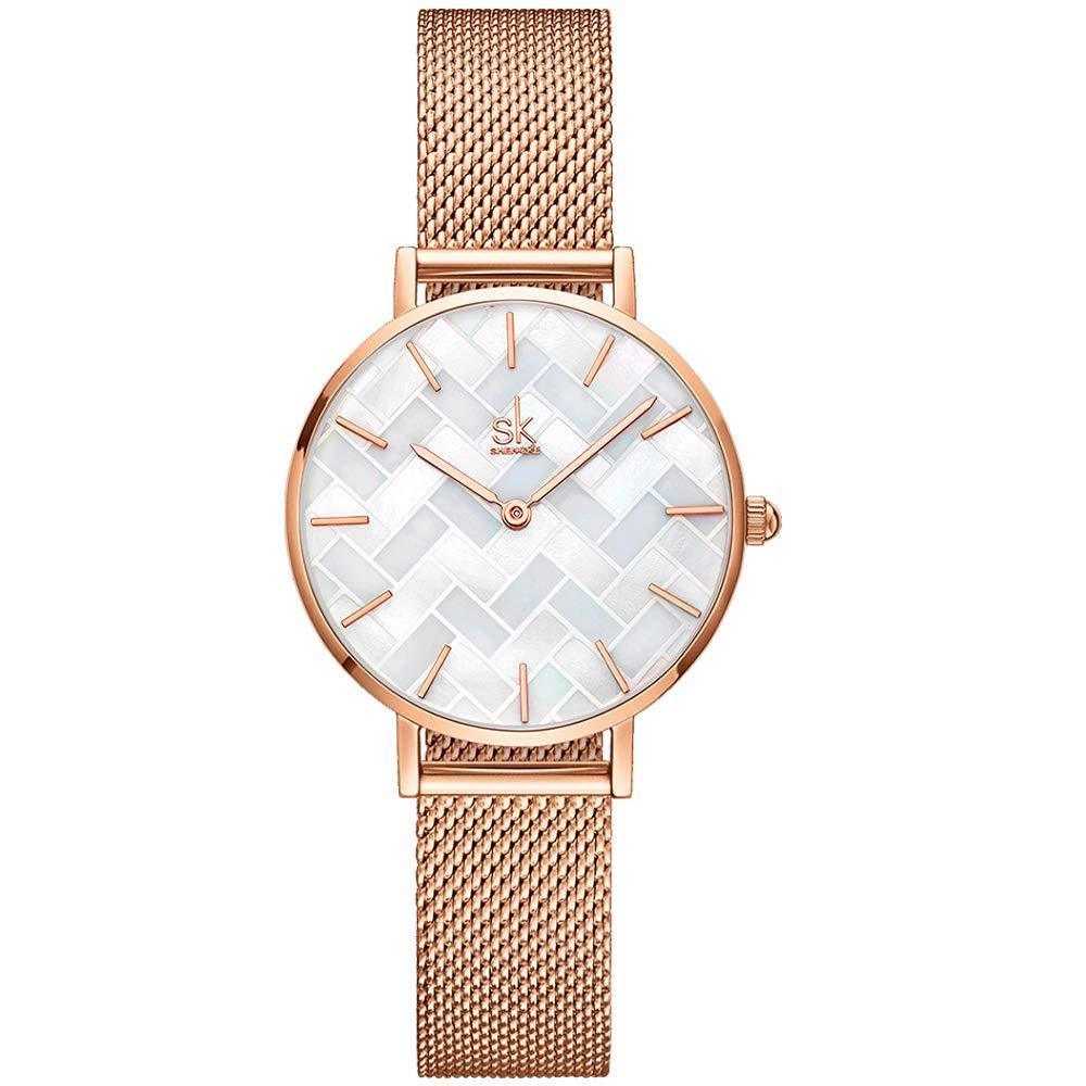 [Australia] - SHENGKE Creative Starry Sky Women Watch with Stainless Steel Mesh Band Genuine Leather Elegant Floral Women Watches (Shell Dial-Mesh Band-Rosegold) 