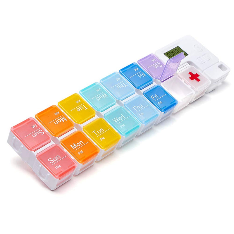 [Australia] - Portable Pill Box with Smart Reminder Alarm, 14 Grids Intelligent Electronic Digital Timer AM and PM Medicine Dispenser, Weakly Pill Organiser for Outdoor Travel Work 