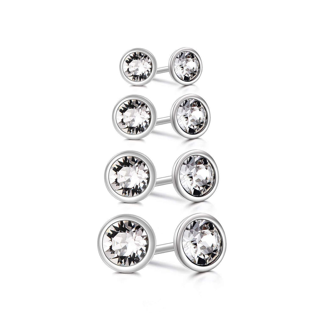[Australia] - Set of 4 pairs of Hypoallergenic Sterling Silver Cubic Zirconia Stud Earrings, White Gold Plated Simulated Diamond Earrings for Women - Size: 3, 4, 5, 6mm 