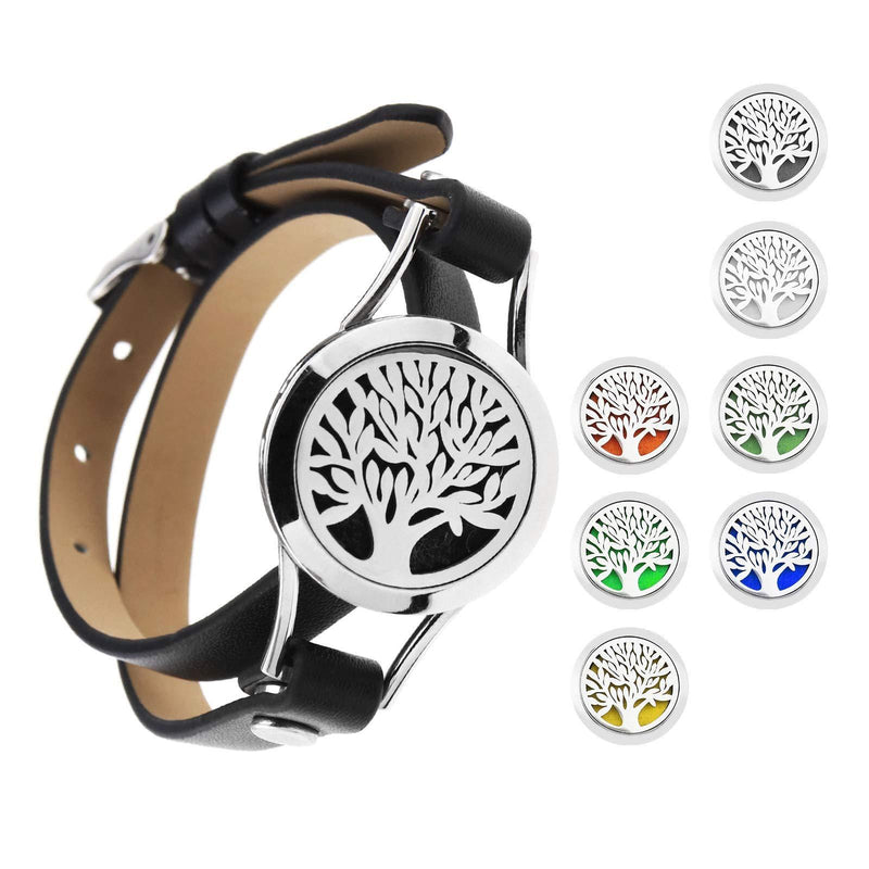 [Australia] - OTOTEC Aromatherapy Locket Essential Oil Bracelets with 8pcs Mix-color Refill Pads Set 316 Stainless Steel 2 Layers Adjustable Black 