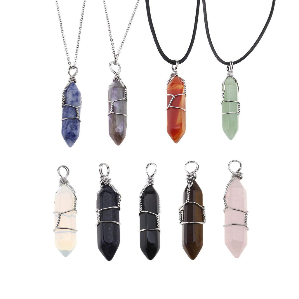 [Australia] - YINETTECH 9Pcs Hexagonal Stone Quartz Crystal Shaped Pendants Necklaces with 2Pcs Stainless Steel Chains and 2Pcs Black Rope Set Jewelry Making Charms Bracelet 9 