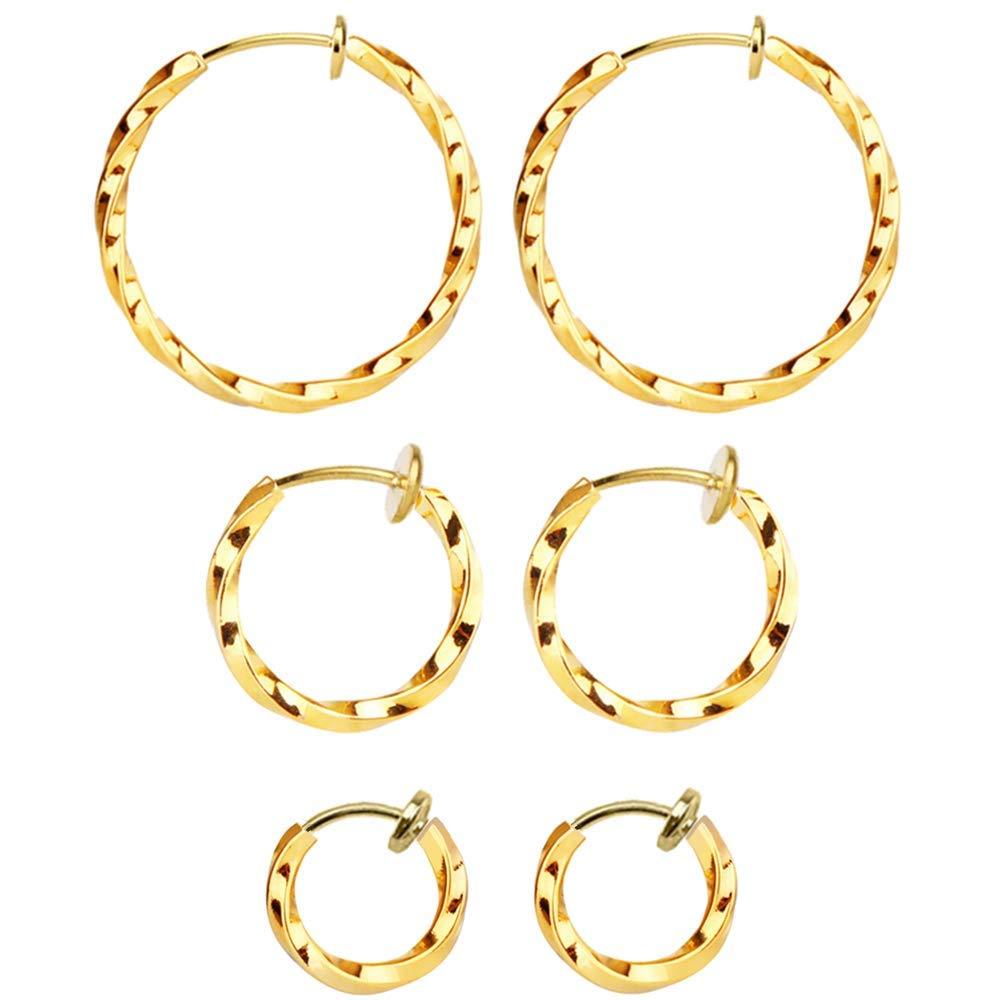 [Australia] - Mannli 3 Pairs Clip On Twisted Hoop Earrings Non Piercing Earrings Set for Women Girls, Gold 15-30MM 