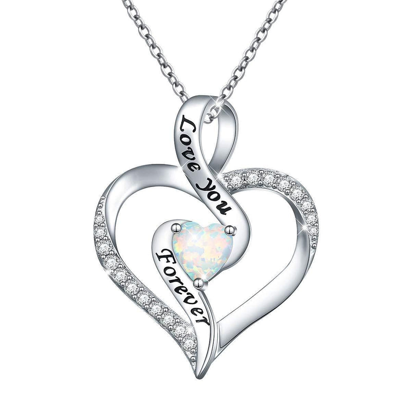 [Australia] - Created Opal Heart Necklace 925 Sterling Silver Women Jewelry Engraved"I love you with all my heart/Love you Forever" Cubic Zirconia Pendant 18 Inches (Love you Forever) 