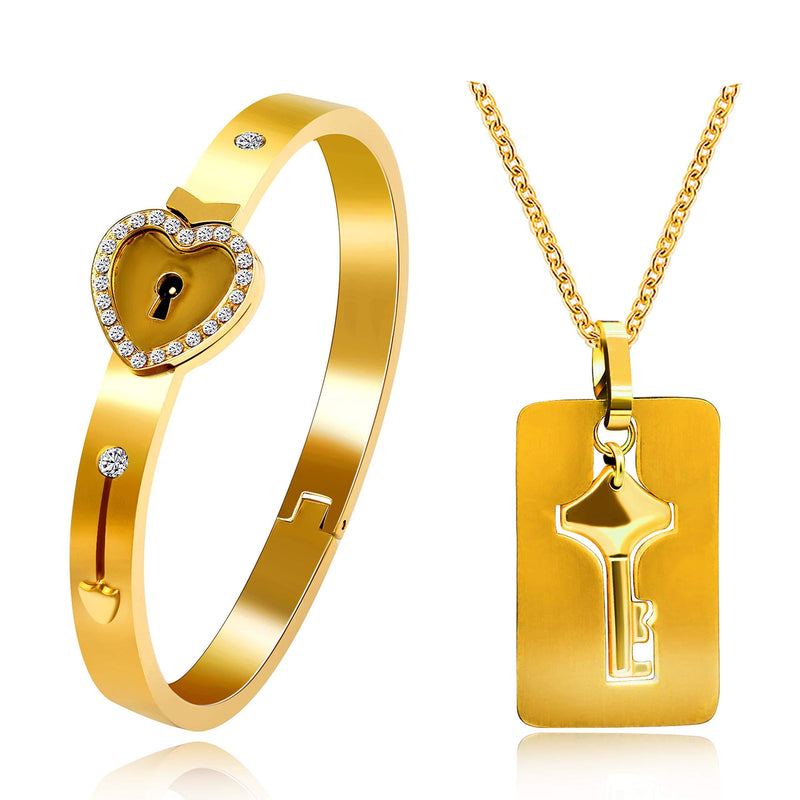 [Australia] - Uloveido Heart Lock Bracelet and Shield Key Necklace for Girls Boys Matching Jewelry Set for Couples Men and Women Y473/Y474 Gold 