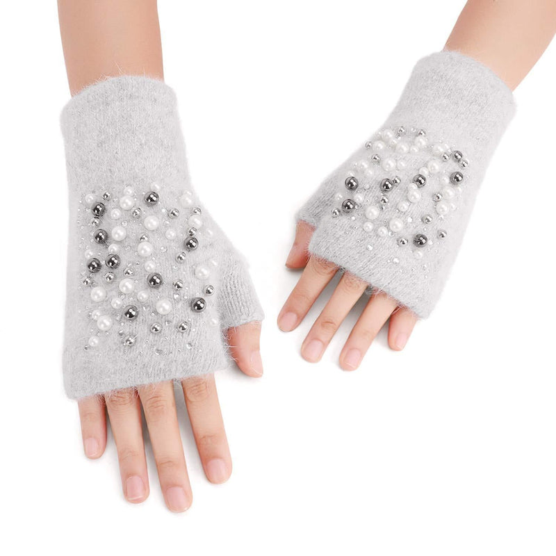 [Australia] - Afinder Winter Chic Beads Knitted Gloves Driving Writing Typing Short Fingerless Mitten Grey 