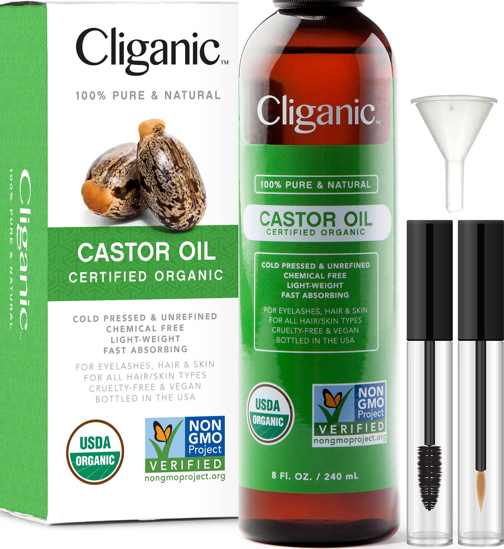 [Australia] - Cliganic Organic Castor Oil, 100% Pure (240ml with Eyelash Kit) - For Hair, Lash, Brows & Skin | Natural Cold Pressed Unrefined Hexane-Free | DIY Carrier Oil | Cliganic 90 Days Warranty 240 ml (Pack of 1) 