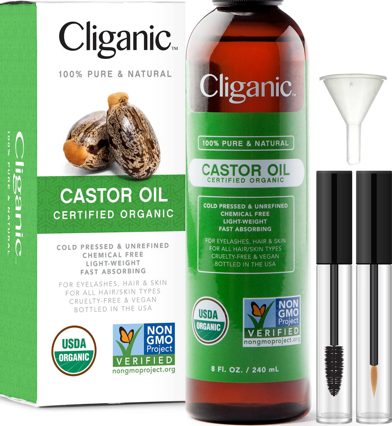 [Australia] - Cliganic Organic Castor Oil, 100% Pure (240ml with Eyelash Kit) - For Hair, Lash, Brows & Skin | Natural Cold Pressed Unrefined Hexane-Free | DIY Carrier Oil | Cliganic 90 Days Warranty 240 ml (Pack of 1) 
