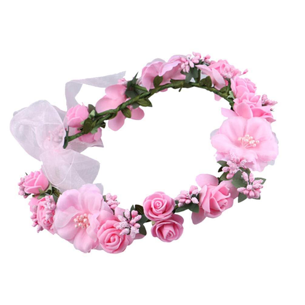 [Australia] - Minkissy Floral Crown Women Handmade Hair Wreath Wedding Bridal Flower Headband for Festival Beach Holiday(Pink) Pink 