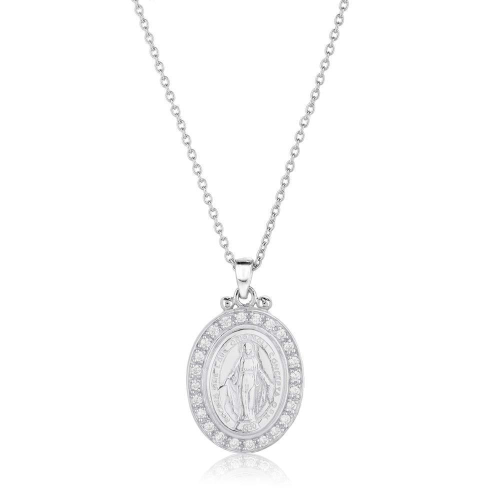 [Australia] - Vanbelle Rhodium Plated 925 Sterling Silver Our Lady of Guadalupe Medal Pendant Necklace with Cubic Zirconia Stones for Men and Women 