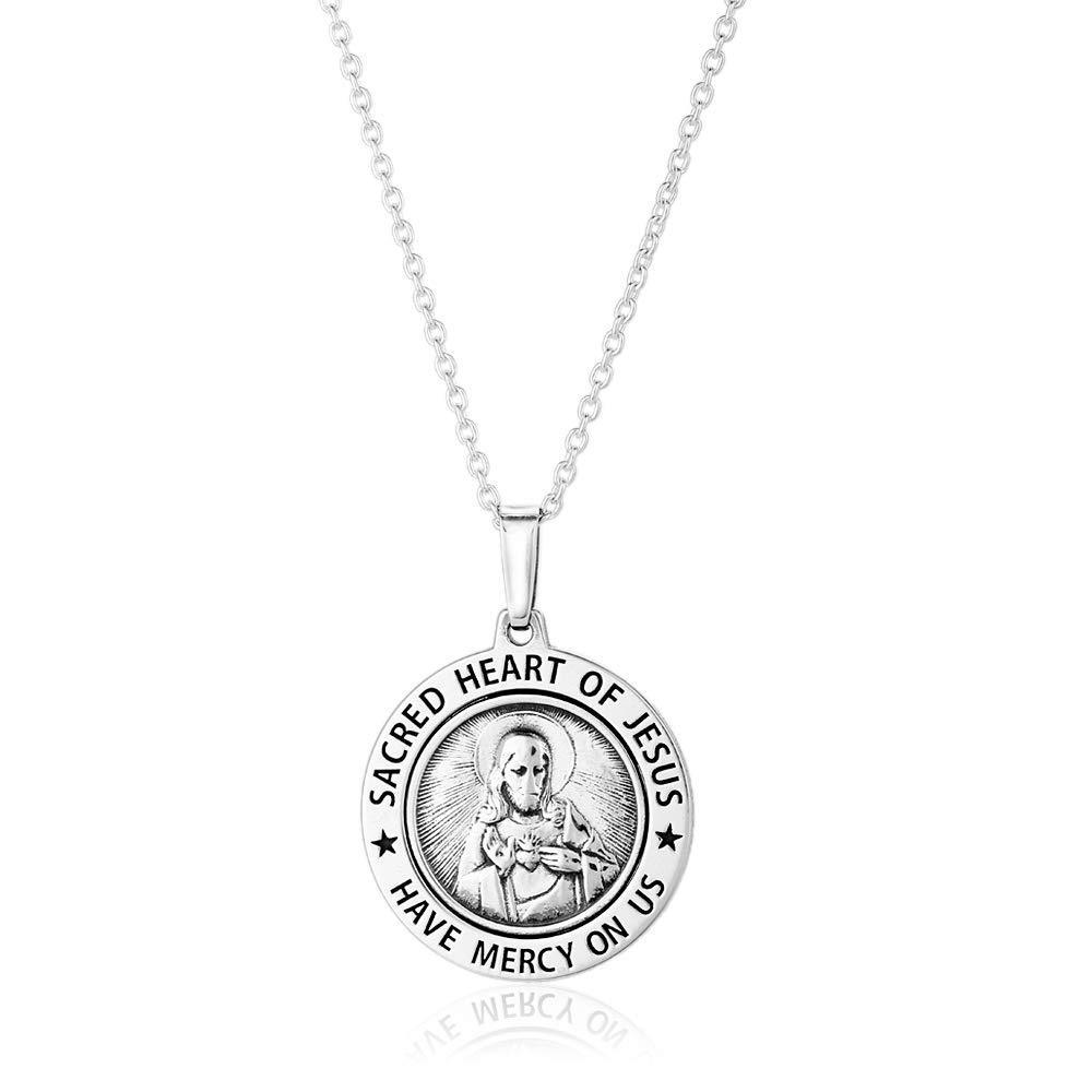 [Australia] - Vanbelle Two Tone Silver and Oxidized 925 Sterling Silver Sacred Heart of Jesus Medal Pendant Necklace for Men and Women 