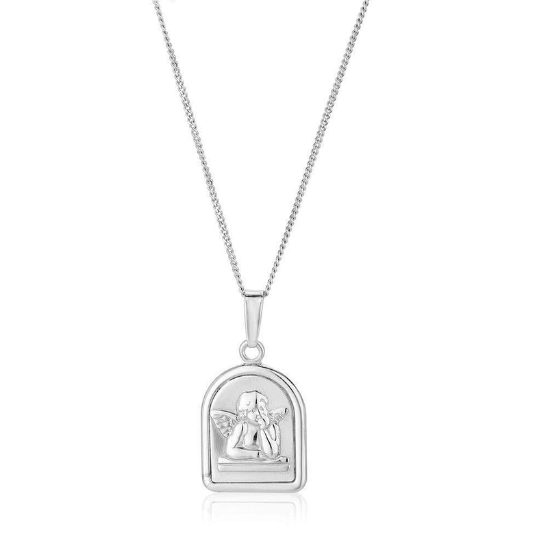 [Australia] - Vanbelle Rhodium Plated 925 Sterling Silver Angel Medal Pendant Necklace for Men and Women 