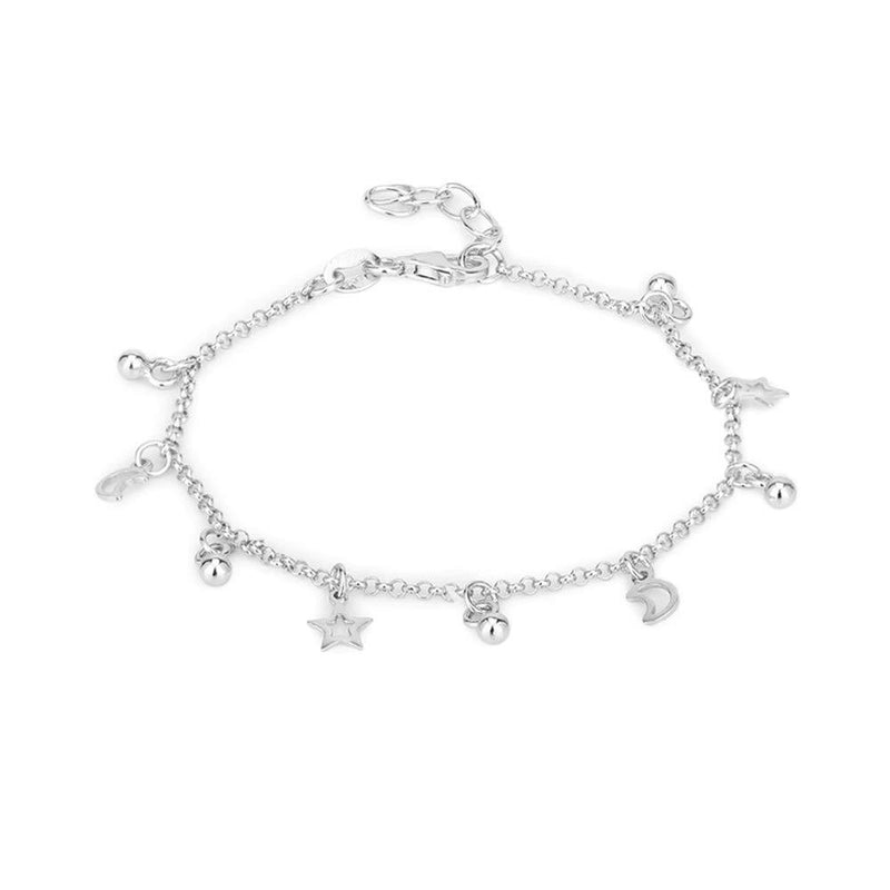 [Australia] - Vanbelle Rhodium Plated 925 Sterling Silver Dangling Open & Close Star & Moon Charm Bracelet for Women and Girls 