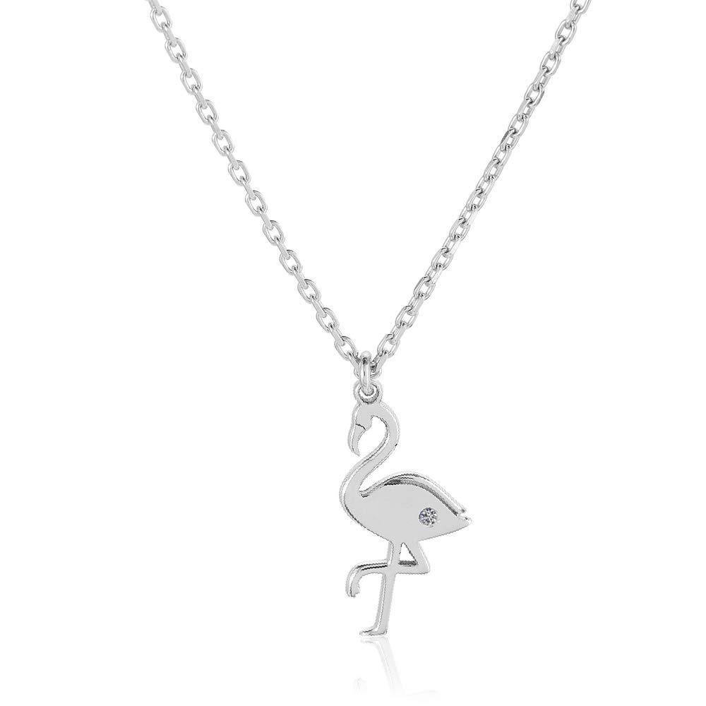 [Australia] - Vanbelle Diamond Accent Rhodium Plated 925 Sterling Silver Pendant Necklace 0.008 Carat Round-Shape (G-H Color, I2-I3 Clarity) Flamingo Natural Diamond Pendant Necklace for Women 