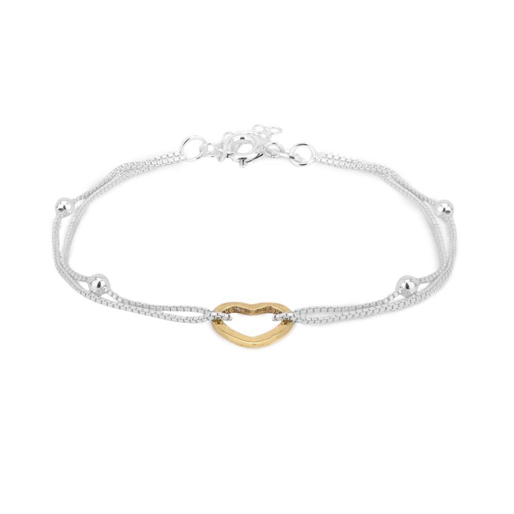 [Australia] - Vanbelle Yellow Gold & Silver Plated Two Tone 925 Sterling Silver Open Heart Charm with Double Layered Beaded Chain Bracelet for Women and Girls 