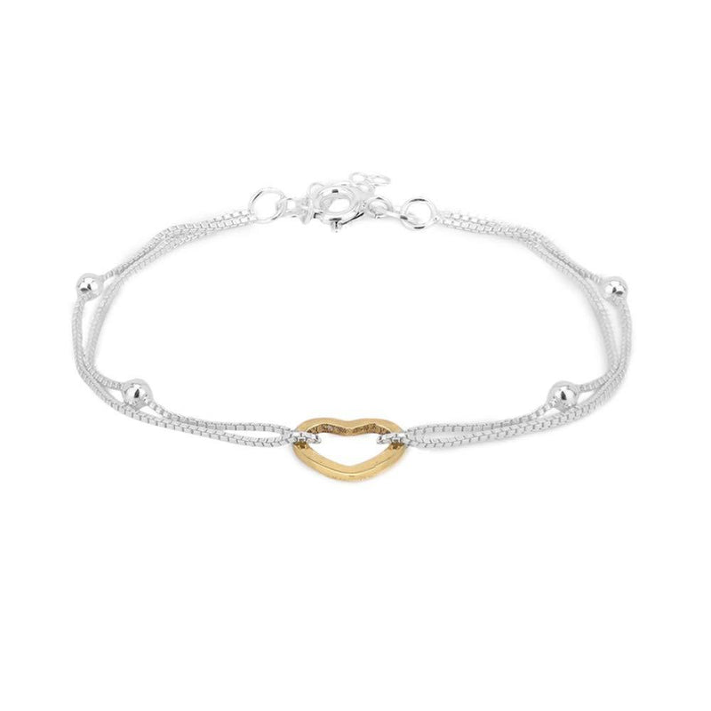 [Australia] - Vanbelle Yellow Gold & Silver Plated Two Tone 925 Sterling Silver Open Heart Charm with Double Layered Beaded Chain Bracelet for Women and Girls 