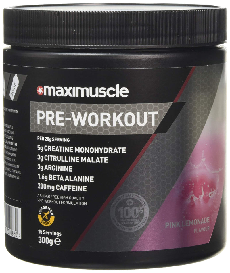 [Australia] - Maximuscle Pre-Workout | Sugar-Free Energy and Performance Boosting Sports Drink for Endurance and Recovery | Pink Lemonade, 300g - 16 Servings 