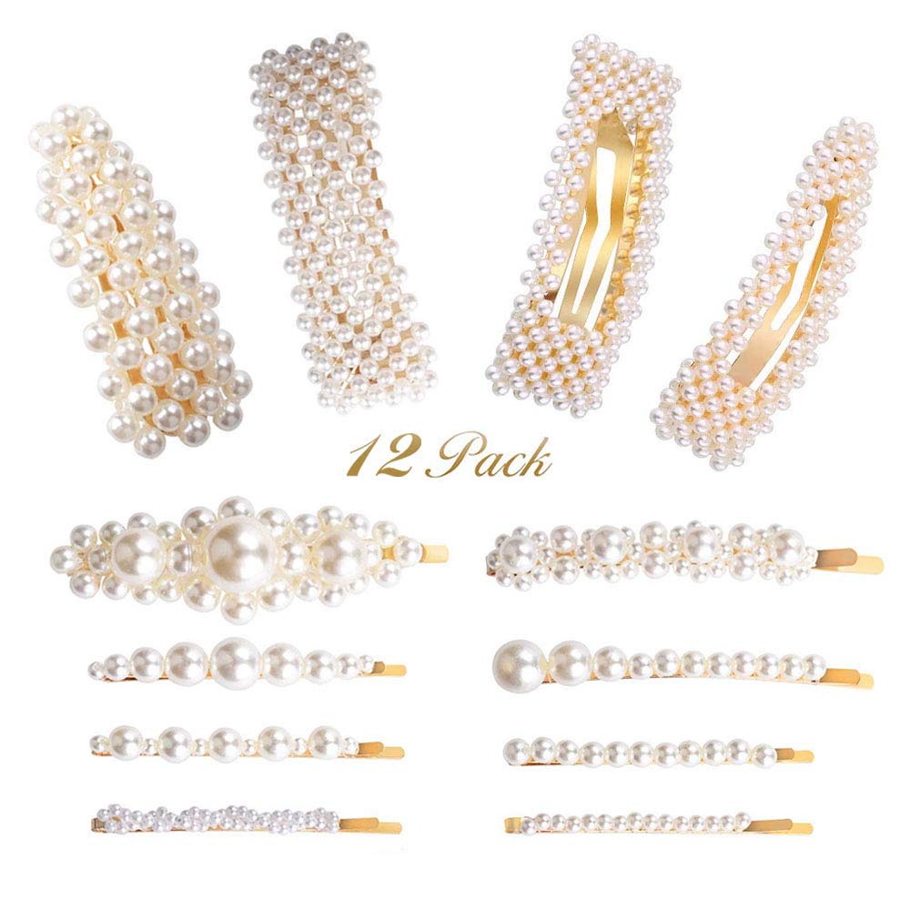 [Australia] - Pearl Hair Clips for Girls Women Ladies, 12Pack Pearl Hair Bobby Pins/Barrettes/Snap Clip/Hair Slides for Wedding Party Holiday, Elegant Handmade Hair Accessories,White/Gold 