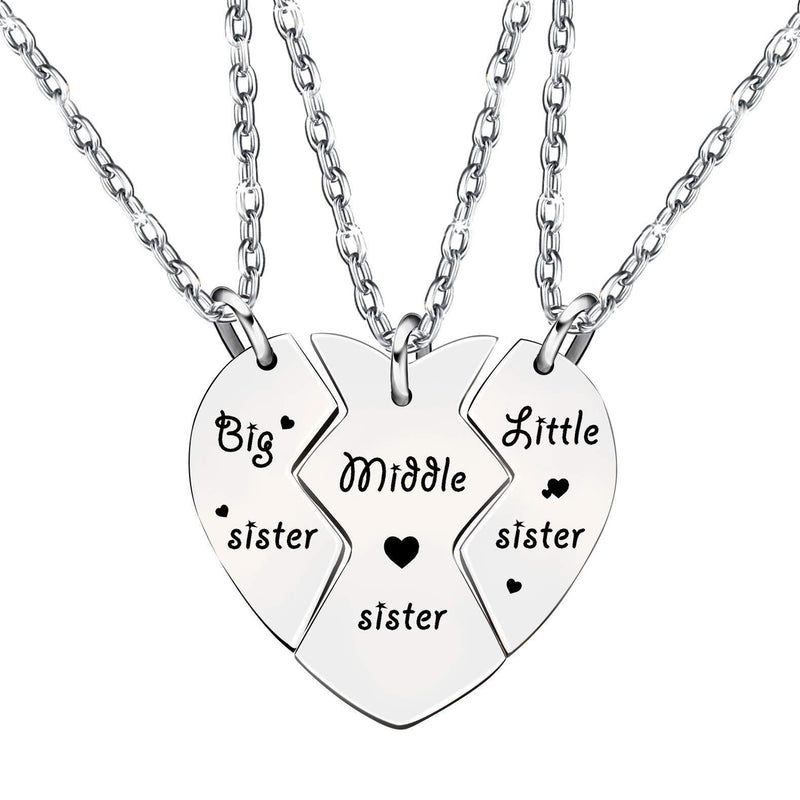 [Australia] - 3pcs Sister Necklace Set Big Sister Middle Sister Little Sister Gifts for Women Girl Family Gifts Christmas Stainless Steel 