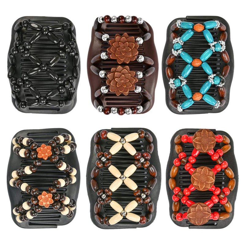 [Australia] - TIMESETL Beads Hair Combs, 6 pcs Elastic Magic Wood Beads Double Hair Comb Clip Stretchy Hair Accessories for Women Girls 