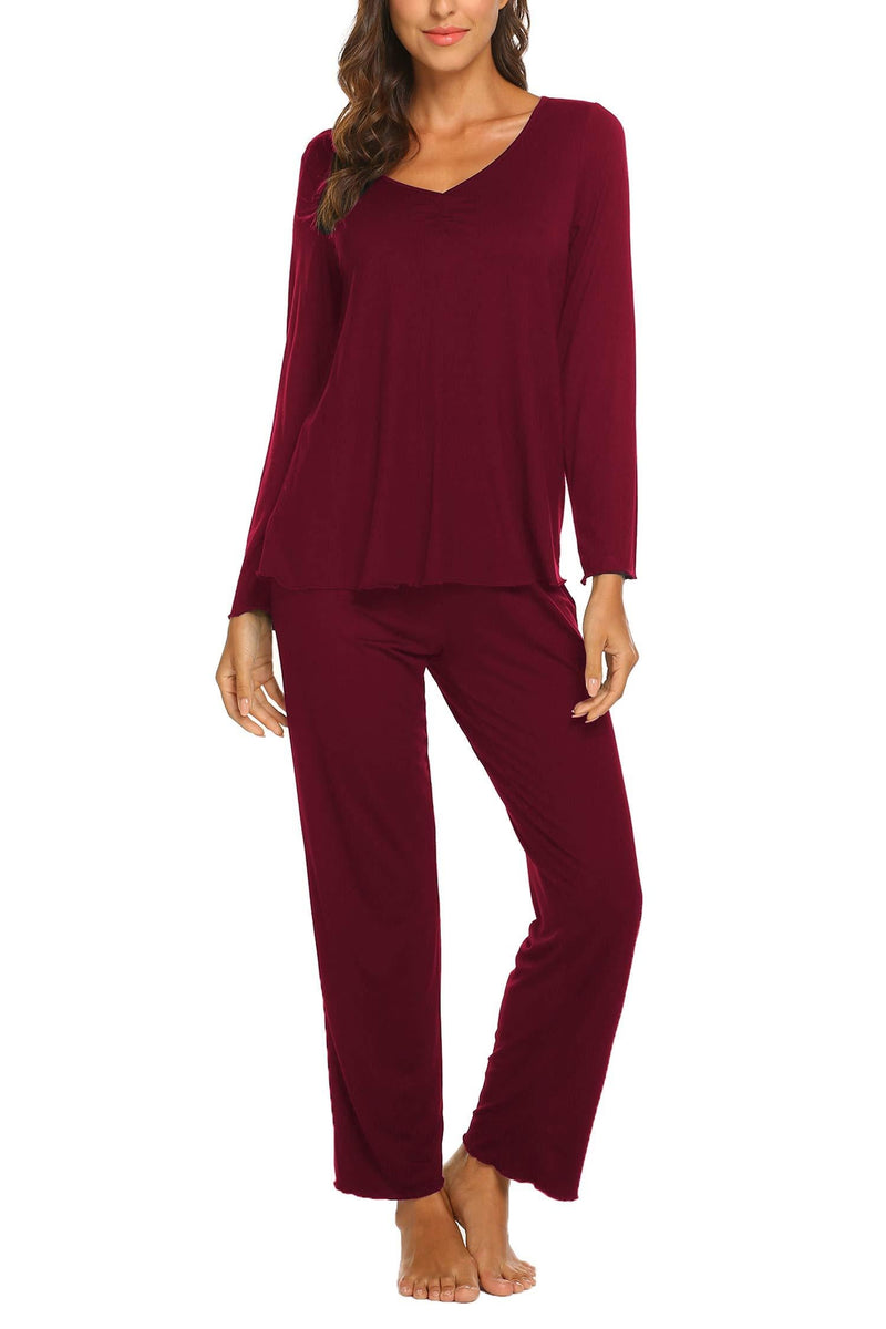 [Australia] - MAXMODA Womens Pyjamas Set Pj Set Long Sleeve Tops and Full Length Pyjama Pants Sleepwear Set Wine Red L 