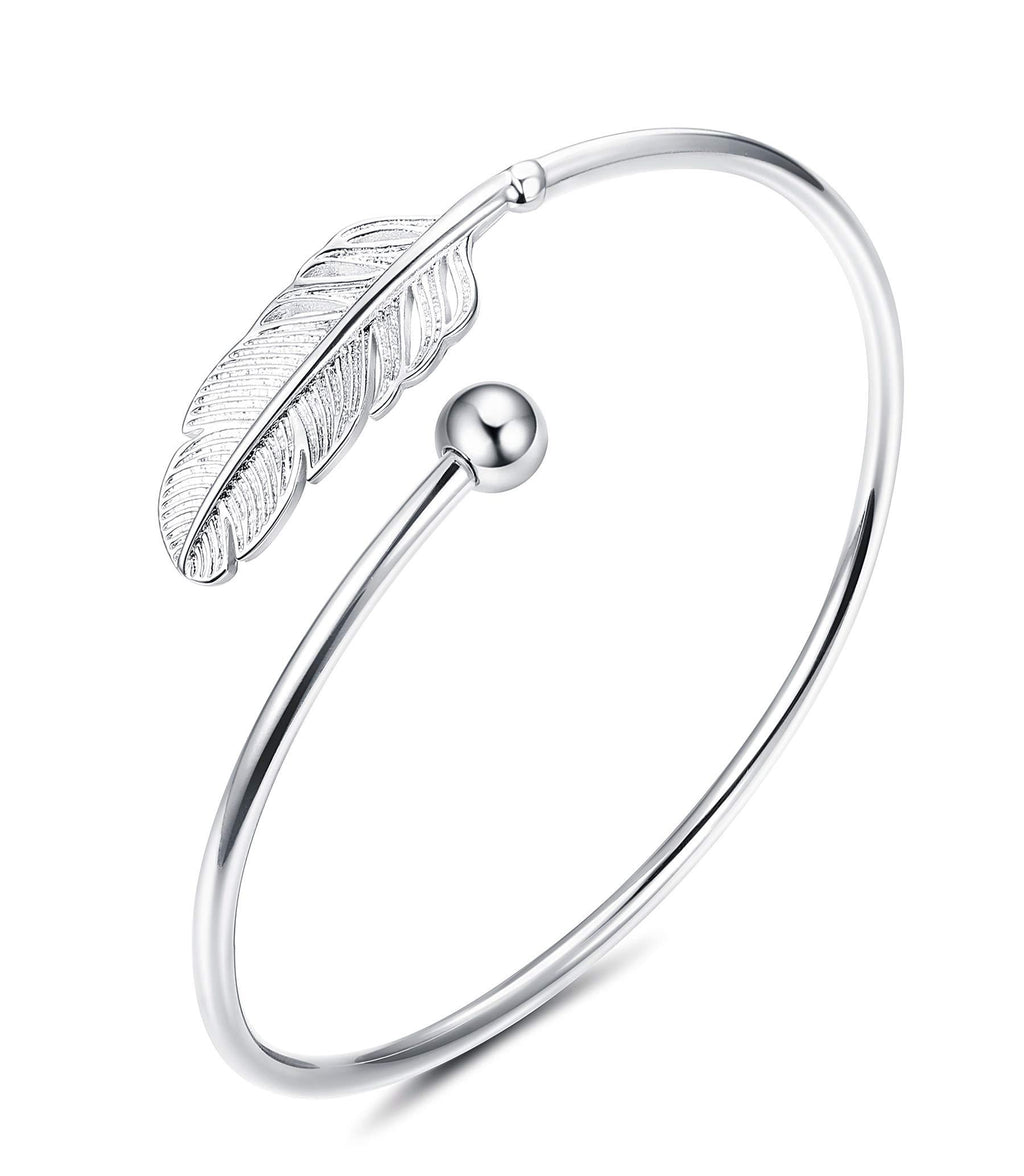 [Australia] - CASSIECA 925 Sterling Silver Bracelet Leaf for Women Girls Adjustable Open Bangle Bracelet Feather with Gift Box, Jewelry Gift for Valentine's Day 