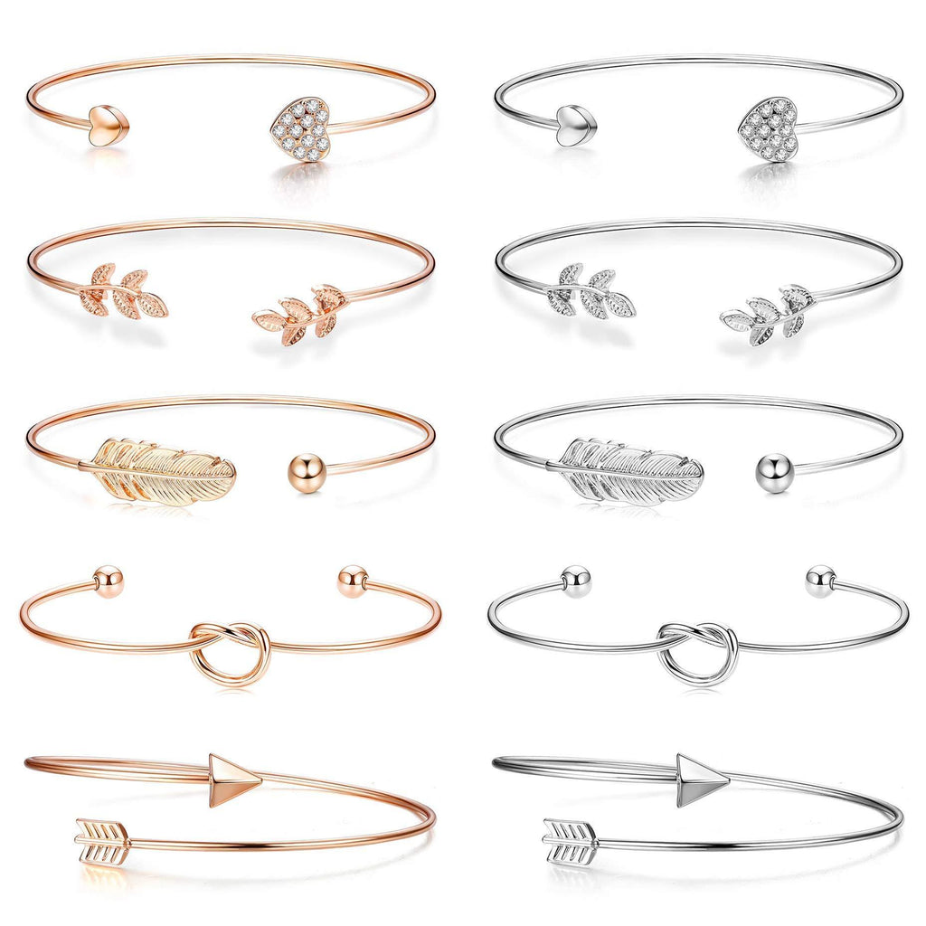 [Australia] - YADOCA Women's Bangle Bracelet Set Open Cuff Bracelets Wristband Inspirational Love Knot Palm Leaf Feather Arrow Boho Dainty Adjustable Stackable Wire Bracelets 