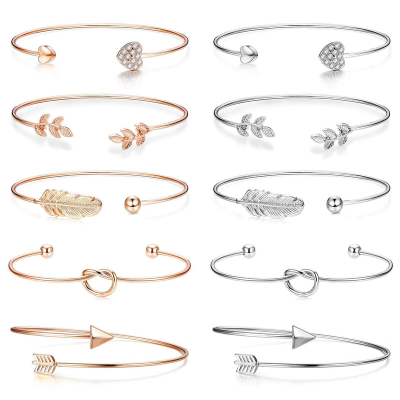 [Australia] - YADOCA Women's Bangle Bracelet Set Open Cuff Bracelets Wristband Inspirational Love Knot Palm Leaf Feather Arrow Boho Dainty Adjustable Stackable Wire Bracelets 