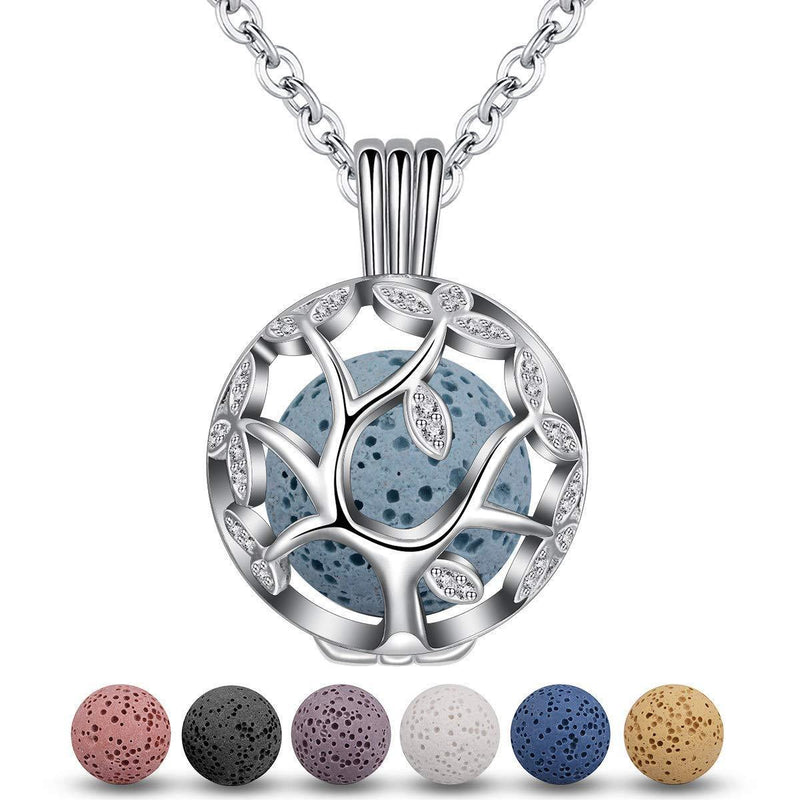 [Australia] - EUDORA Harmony Ball Floating Locket Women Aromatherapy Essential Oil Diffuser Pendant Necklace with 7PCS Lava Stone,24" Cz Tree of Life 