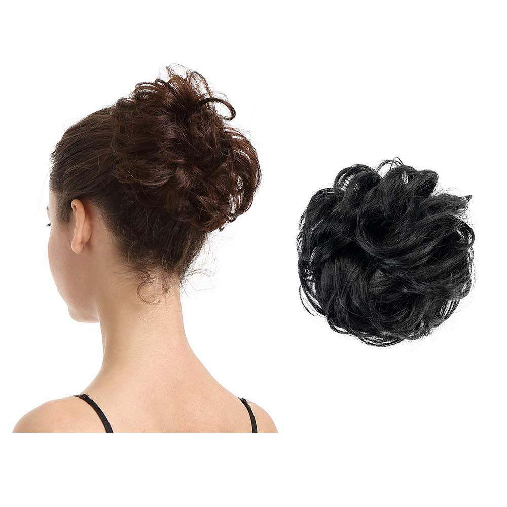 [Australia] - 100% Human Hair Scrunchies, BARSDAR Curly Messy Bun Hairpiece Extensions Wedding Hair Pieces for Women Kids Messy Bun Real Hair Updo Donut Chignons 1#-Natural Black 1 PC 1#- Natural Black 