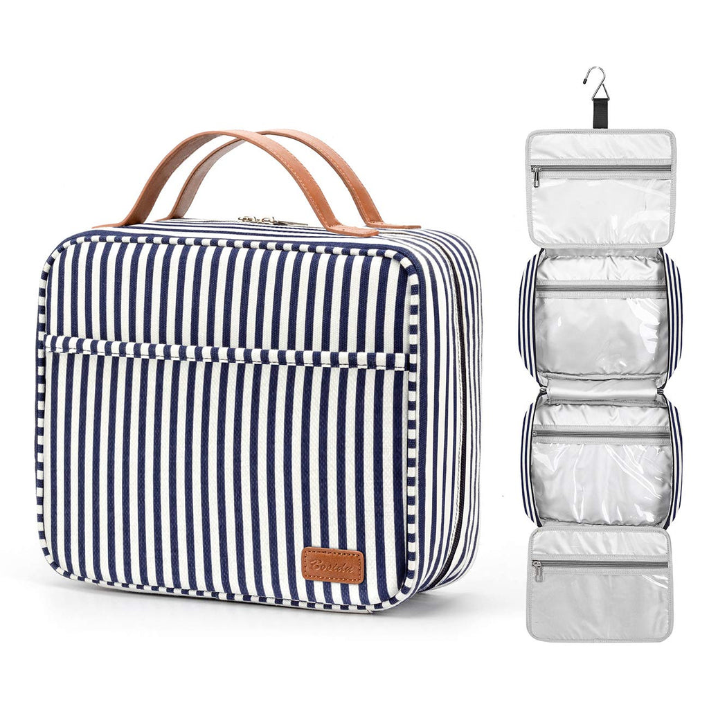 [Australia] - Hanging Travel Toiletry Bag, Large Capacity Wash Bag Waterproof Cosmetic Bag Makeup Organizer with 4 Compartments & 1 Sturdy Hook for Women/Men (Navy Blue & White Striped) Navy Blue & White Striped 