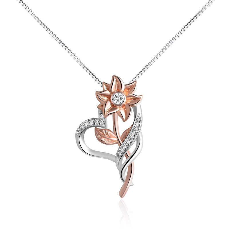 [Australia] - Mothers Day Gifts Rose Gold Sunflower Necklace 925 Sterling Silver Cubic Zirconia Love Heart Pendant for Women Girls 