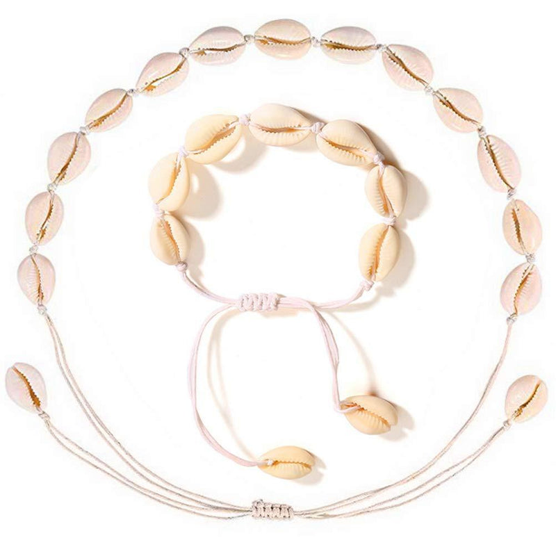 [Australia] - kuou 2 Pcs Shell Necklace Bracelet, Shell Bracelet Shell Necklace Choker Shell Bracelet Shell Clavicle Necklace Natural Shell Choker for Women 
