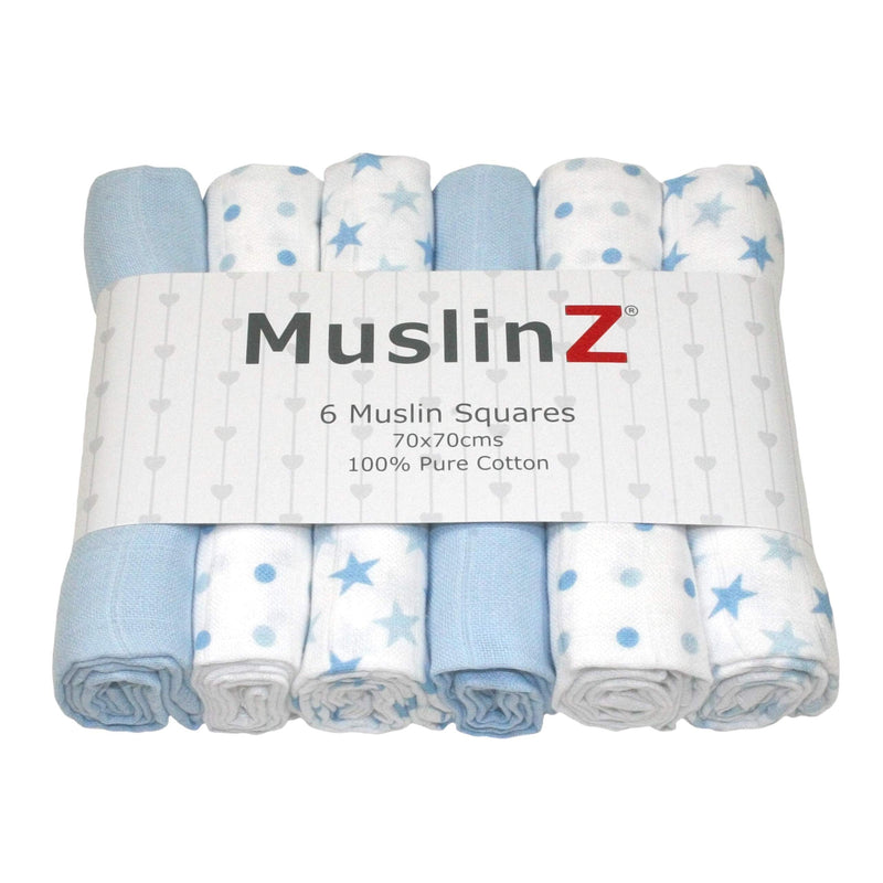 [Australia] - MuslinZ 6pk Baby Muslin Squares Burp Cloths 100% Pure Soft Cotton 70x70cm Blue Stars 