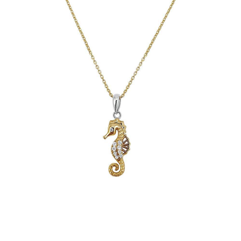 [Australia] - Kiara Jewellery 925 Sterling Silver Yellow Gold Plated Seahorse inset with CZ Pendant Necklace on matching 18" Sterling Silver Trace Chain. 