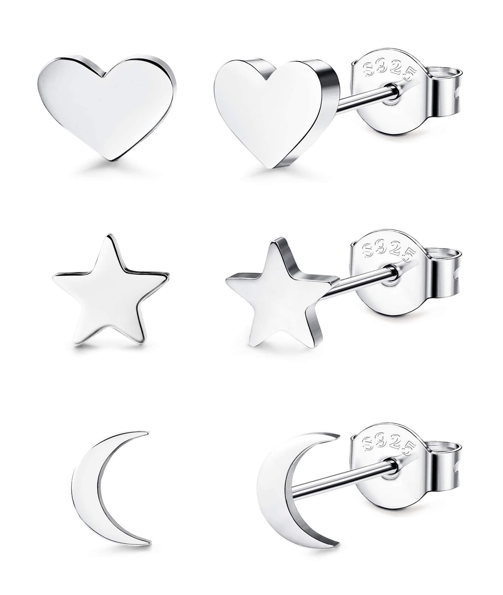 [Australia] - Milacolato 3 Pairs 925 Sterling Silver Stud Earrings Tiny Moon Star Heart Earring Plain Silver Stud Earrings Set for Women Sliver Tone 