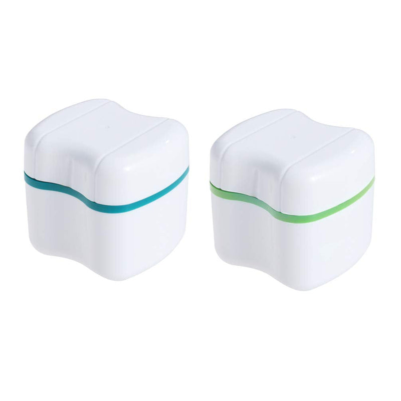 [Australia] - Healifty Denture Cup with Strainer Basket False Teeth Storage Dental Box with Lid Bath Cleaning Soaking Cup Travel Mouth Guard Case 2 Pcs (Green+ Glue) Green + Glue 